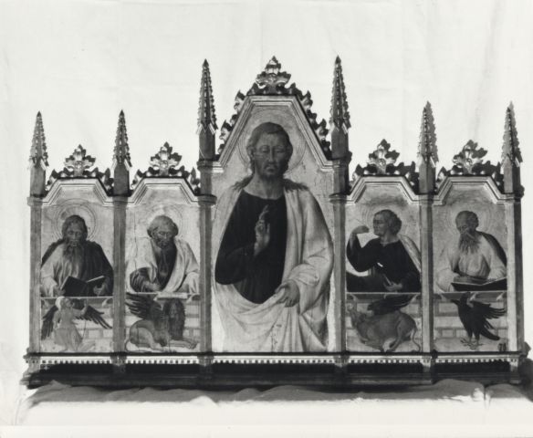 Prudence Cuming Associates — Giovanni di Paolo - sec. XV - Cristo benedicente; San Matteo Evangelista; San Marco Evangelista; San Luca Evangelista; San Giovanni Evangelista — insieme